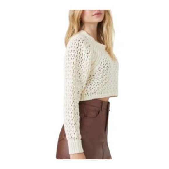 NEW Cream Loose Knit Long Sleeve Open Back Crop Sweater Size L - Picture 1 of 12
